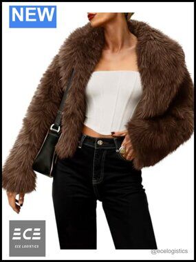 Womens Cropped Faux Fur Jacket Coat Fluffy Lapel Open Front Cardigan